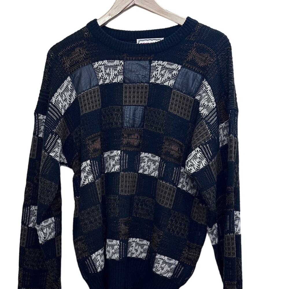 Vintage Campus COSBY pullover sweater Mens Size Large Patchwork Leather